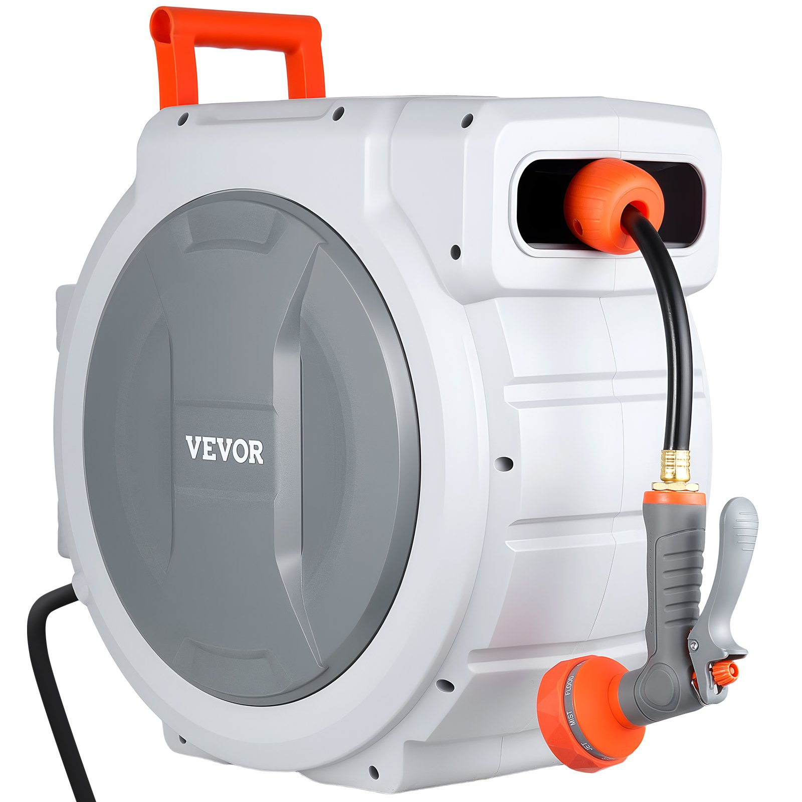 Start2Finish VEVOR retractable garden hose reel with 1/2 inch x 130 ft hose, wall mount, 9-function nozzle, and swivel bracket.