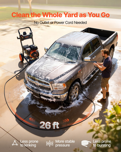 Start2Finish VEVOR gas pressure washer with 3600 PSI, copper pump, spray gun, wand, 5 nozzles, and 26 ft hose for cleaning.