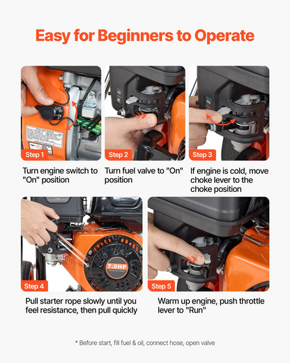 Start2Finish VEVOR gas pressure washer with 3600 PSI, copper pump, spray gun, 5 nozzles, 26 ft hose for cleaning cars and patios.