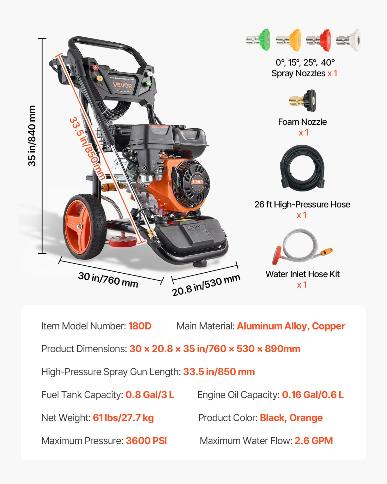 Start2Finish VEVOR gas pressure washer with 3600 PSI, 2.6 GPM, copper pump, spray gun, wand, nozzles, and 26 ft hose for cleaning.