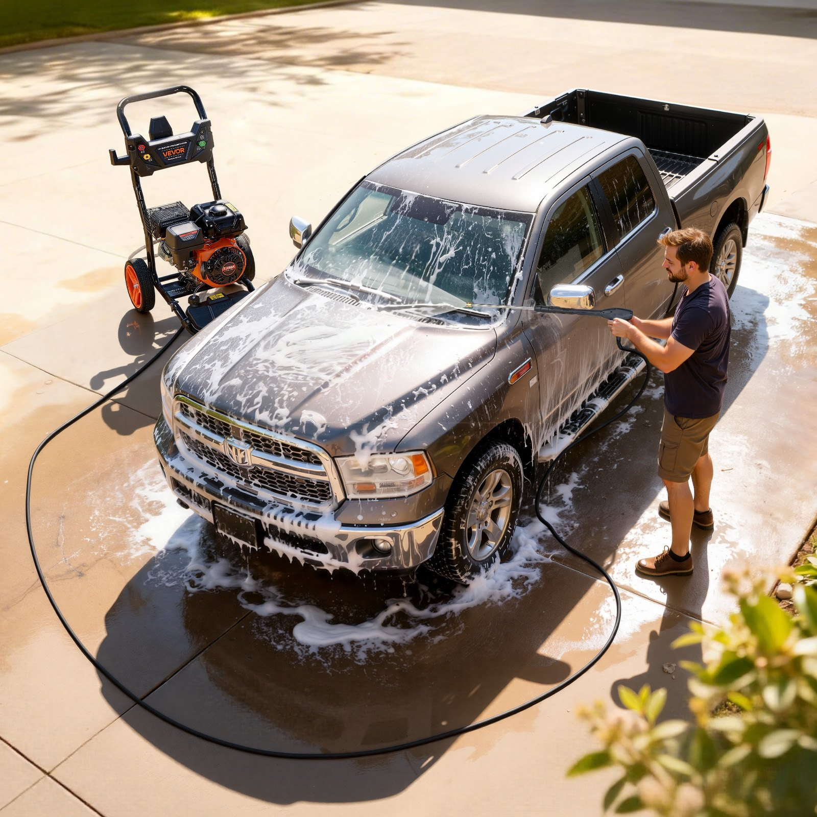 Start2Finish VEVOR gas pressure washer with 3600 PSI, copper pump, spray gun, wand, 5 nozzles, 26 ft hose for cleaning outdoor surfaces.