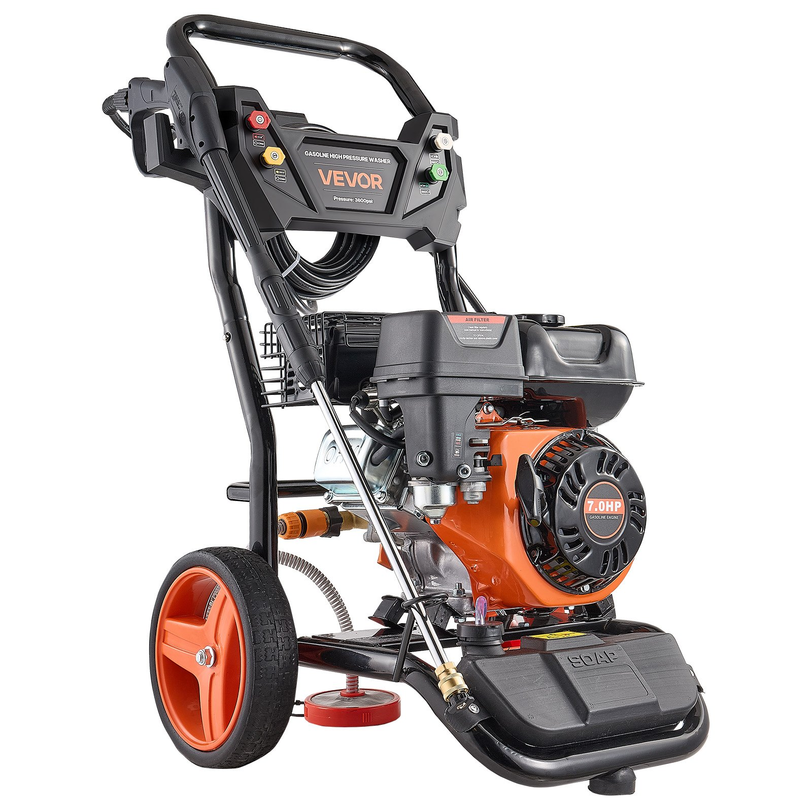 Start2Finish VEVOR gas pressure washer with copper pump, spray gun, 5 nozzles, 26 ft hose, for cleaning cars, fences, and patios.