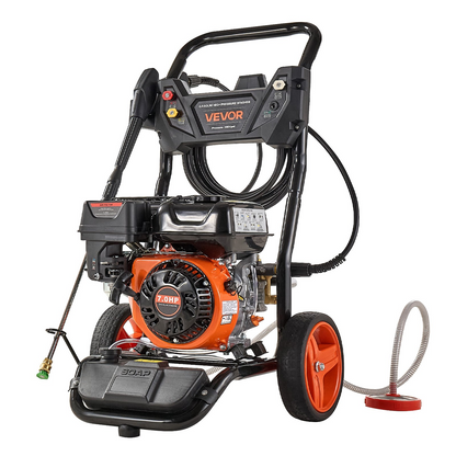 Start2Finish VEVOR gas pressure washer with copper pump, spray gun, 5 nozzles, 26 ft hose, ideal for cleaning cars, fences, and patios.