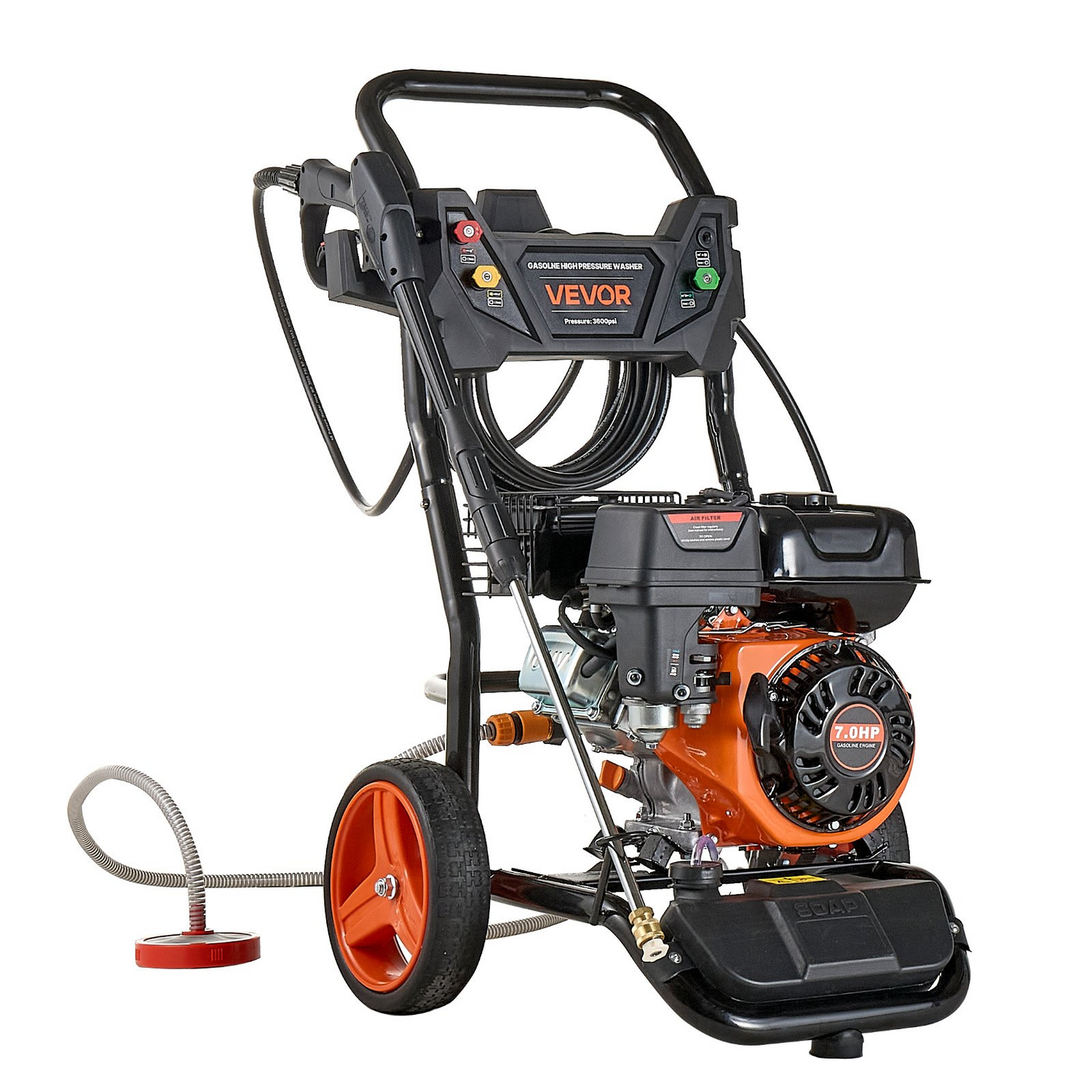 Start2Finish VEVOR gas pressure washer with 3600 PSI, 2.6 GPM, copper pump, spray gun, wand, 5 nozzles, 26 ft hose for cleaning.