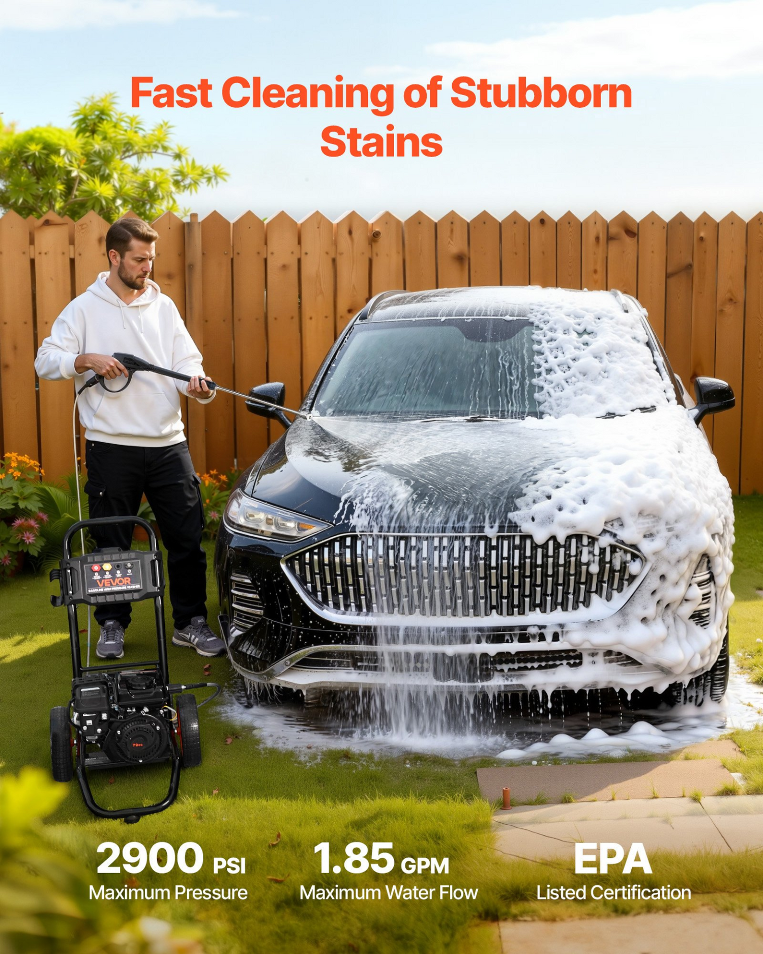 Start2Finish VEVOR gas pressure washer with spray gun, nozzles, aluminum pump, ideal for cleaning cars, fences, driveways, and patios.