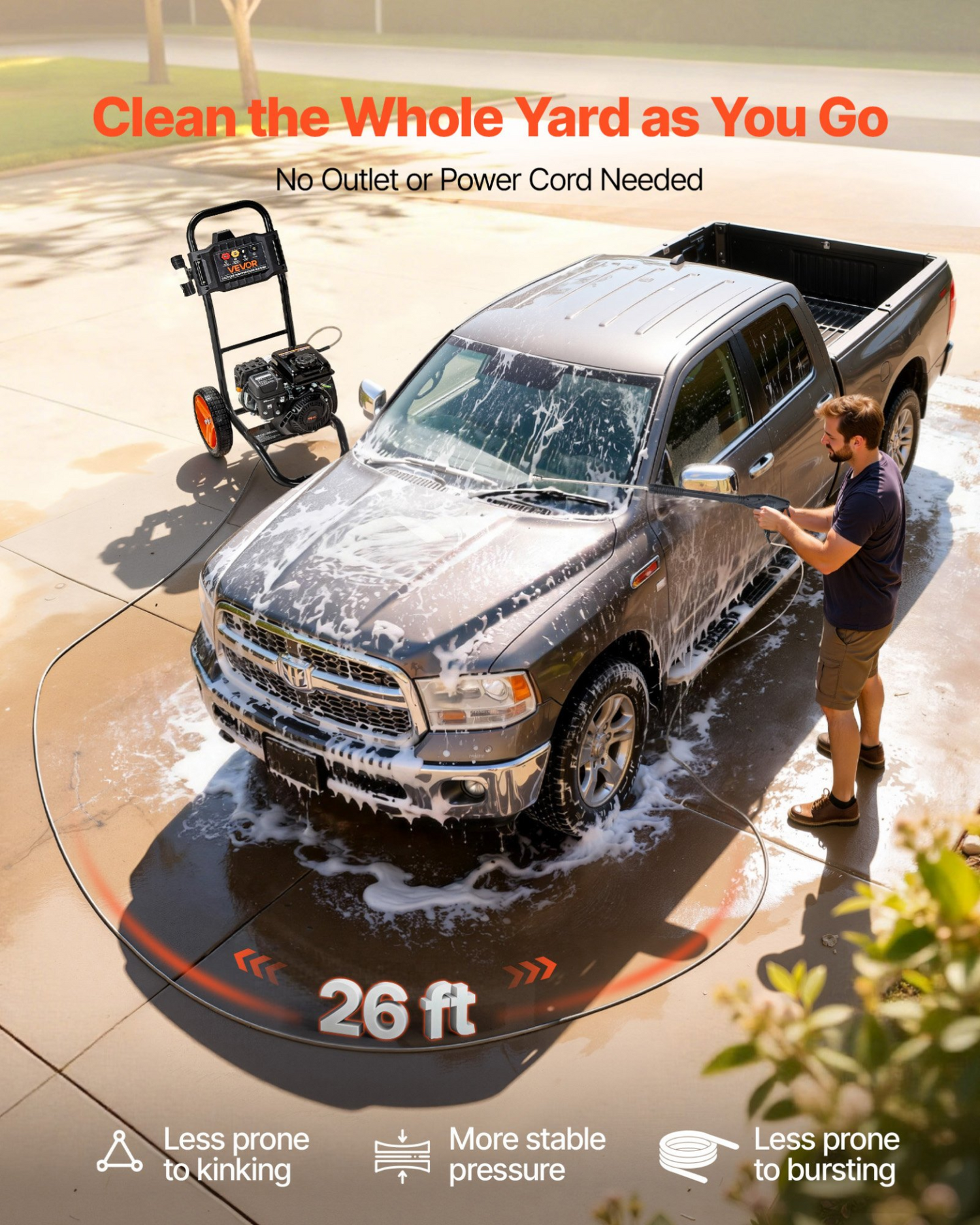 Start2Finish VEVOR gas pressure washer with aluminum pump, spray gun, wand, and four nozzles for cleaning cars, fences, and patios.