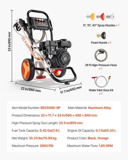 Start2Finish VEVOR gas pressure washer with aluminum pump, spray gun, wand, and four nozzles for cleaning cars, fences, and patios.
