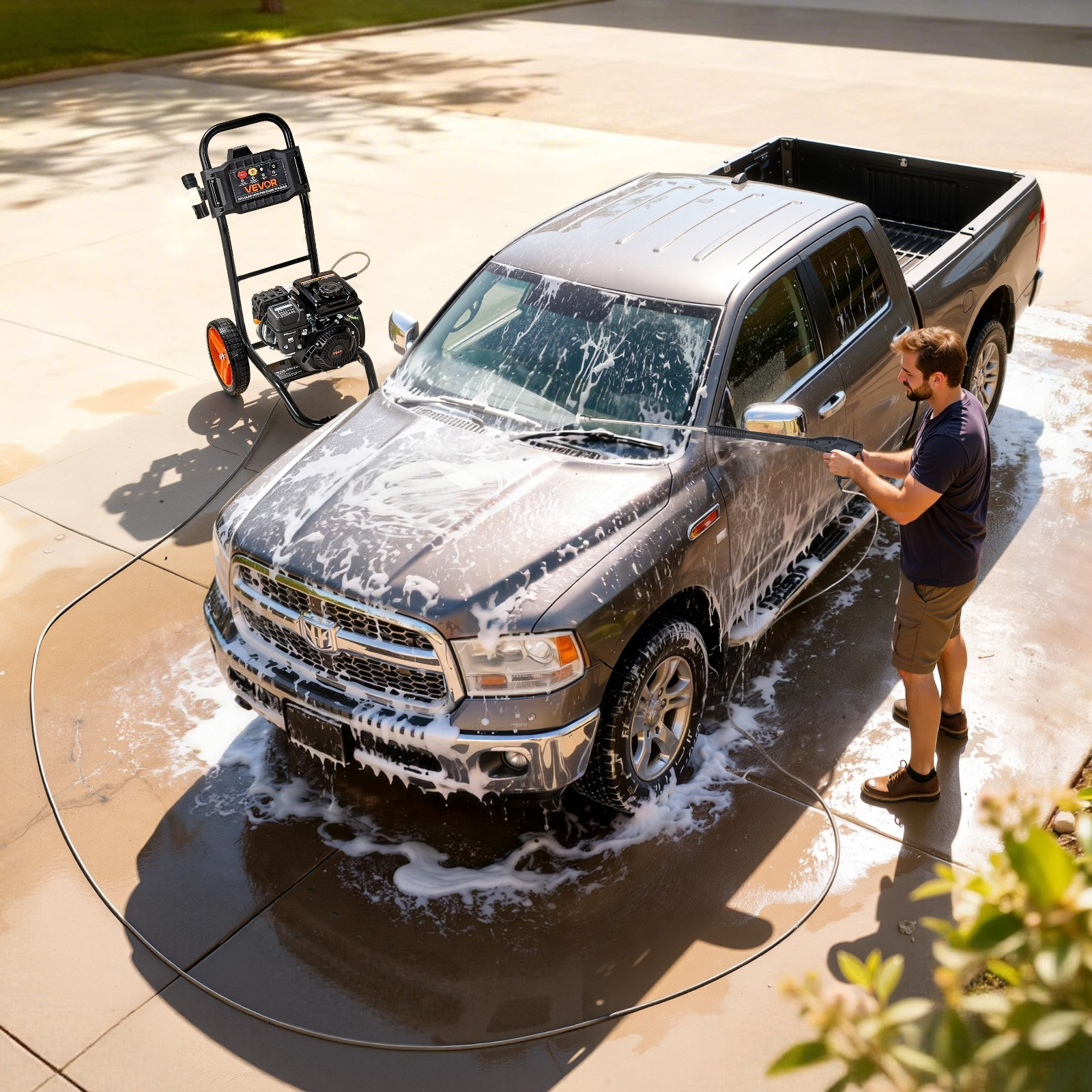 Start2Finish VEVOR gas pressure washer with aluminum pump, spray gun, wand, and nozzles for cleaning cars, fences, and driveways.