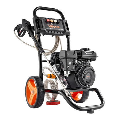 Start2Finish VEVOR gas pressure washer with aluminum pump, spray gun, wand, and four nozzles for cleaning cars, fences, and patios.