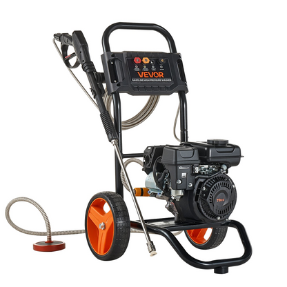 Start2Finish VEVOR gas pressure washer with aluminum pump, spray gun, wand, and four nozzles for cleaning cars, fences, patios, and driveways.