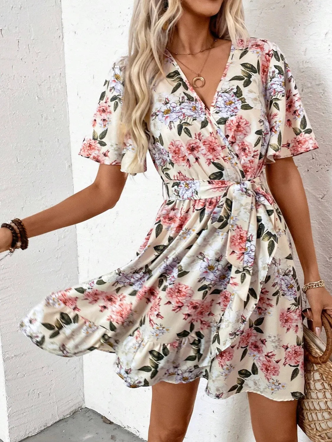 Printed surplice short sleeve mini dress by Ruby Styx, showcasing a stylish women&