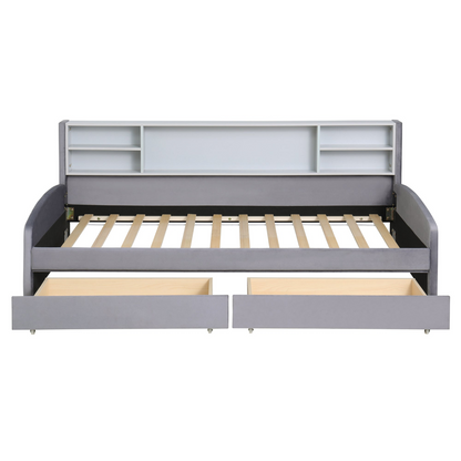 Velvet upholstered platform bed with storage drawers and padded headboard by Start2Finish, showcasing a luxurious bedroom furniture piece.