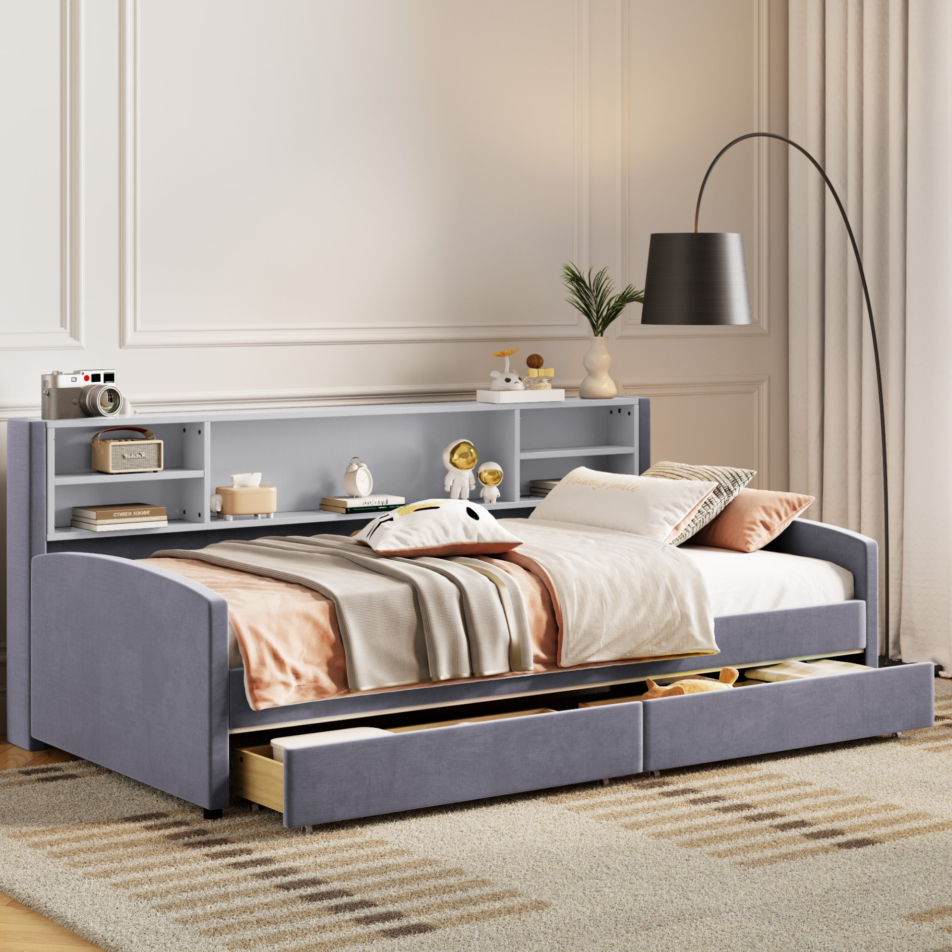 Luxurious velvet upholstered platform bed with storage drawers and padded headboard, by Start2Finish.