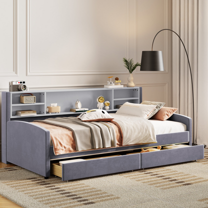 Luxurious velvet upholstered platform bed with storage drawers and padded headboard, by Start2Finish.