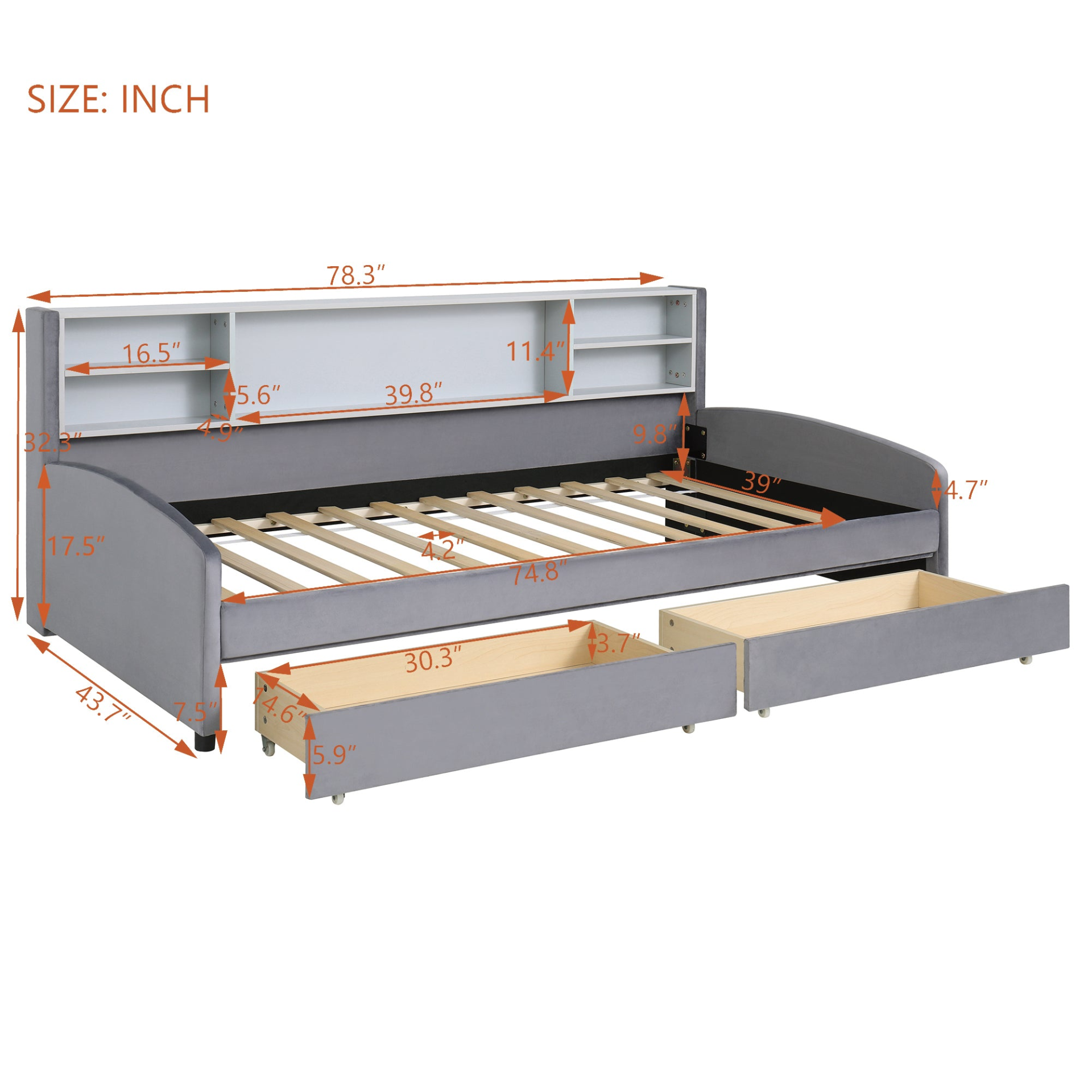 Luxurious velvet upholstered platform bed with storage drawers and padded headboard, by Start2Finish.