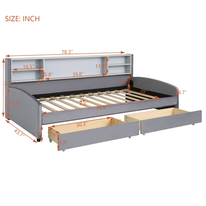 Luxurious velvet upholstered platform bed with storage drawers and padded headboard, by Start2Finish.