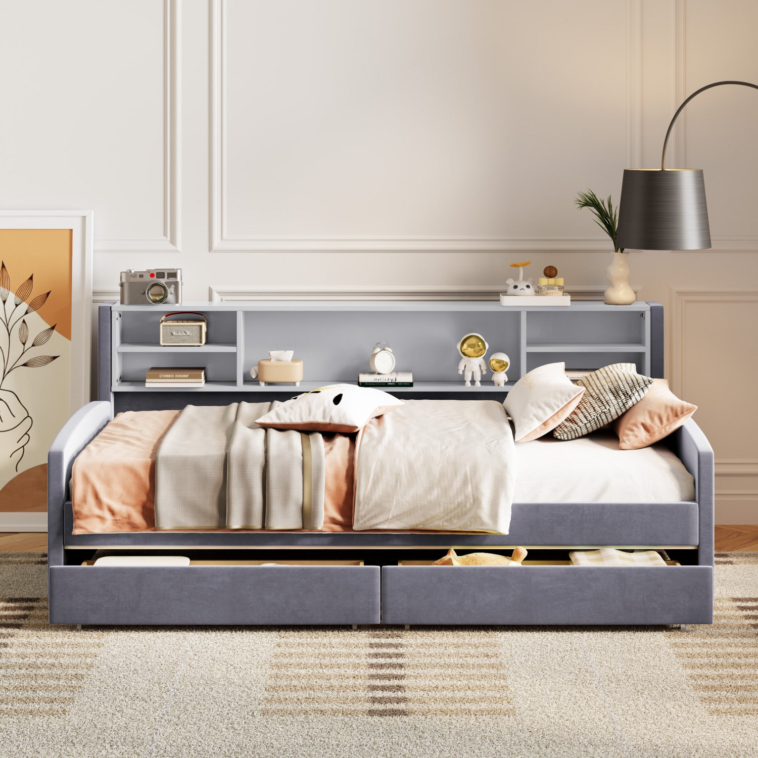 Luxurious velvet upholstered platform bed with storage drawers and headboard by Start2Finish, featuring a stylish, comfortable design.
