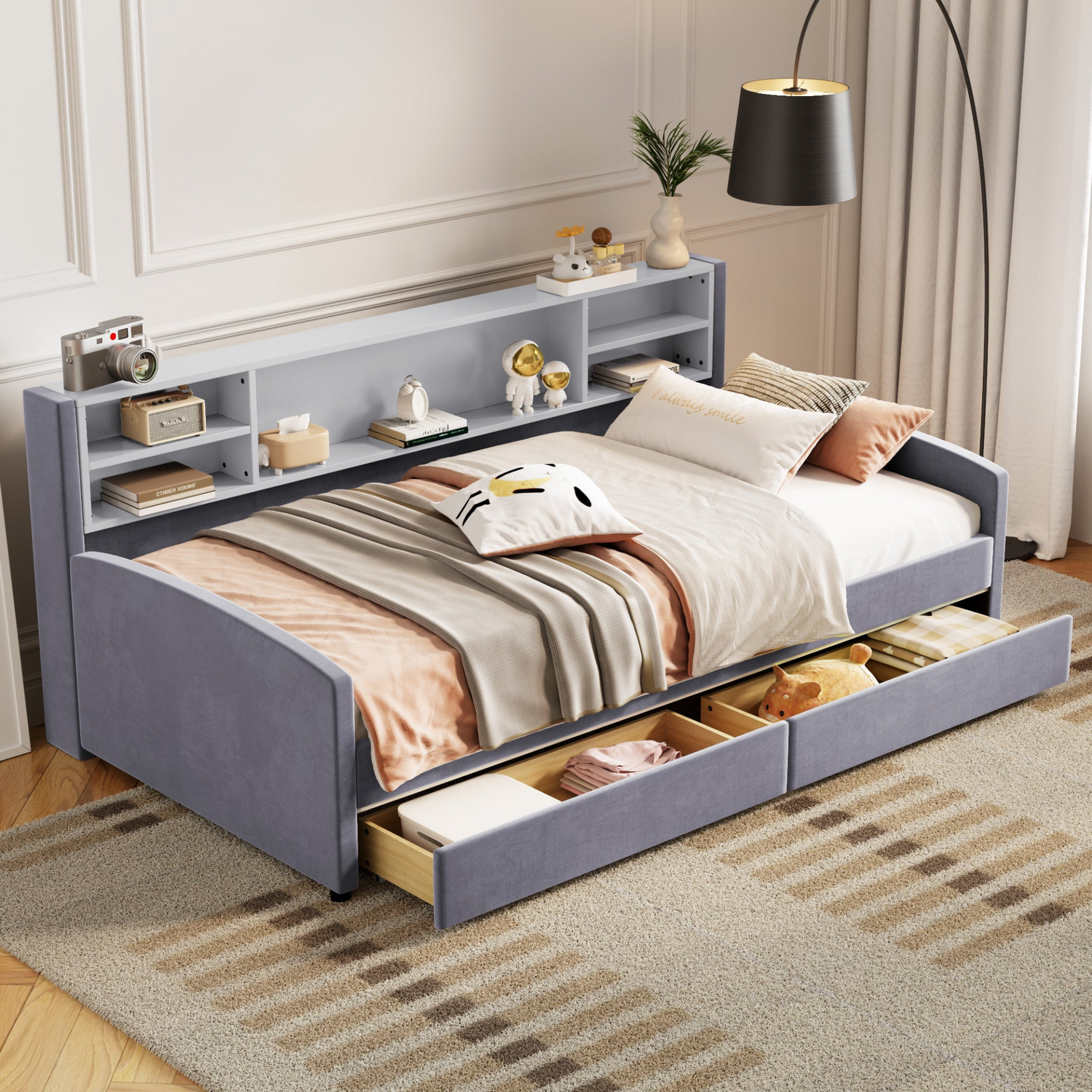 Luxurious velvet upholstered platform bed with storage drawers and padded headboard from Start2Finish, showcasing a sleek bedroom design.
