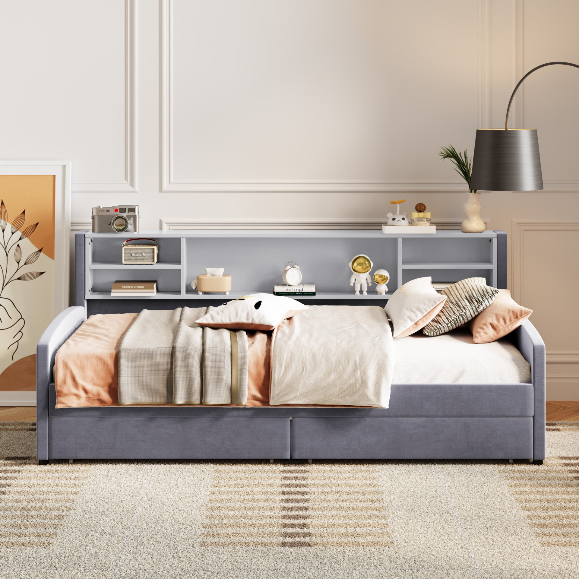 Luxurious velvet upholstered platform bed with storage drawers and tall headboard, by Start2Finish, shown in a modern bedroom setting.