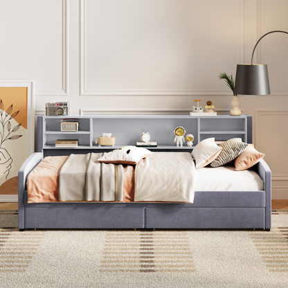 Luxurious velvet upholstered platform bed with storage drawers and tall headboard, by Start2Finish, shown in a modern bedroom setting.
