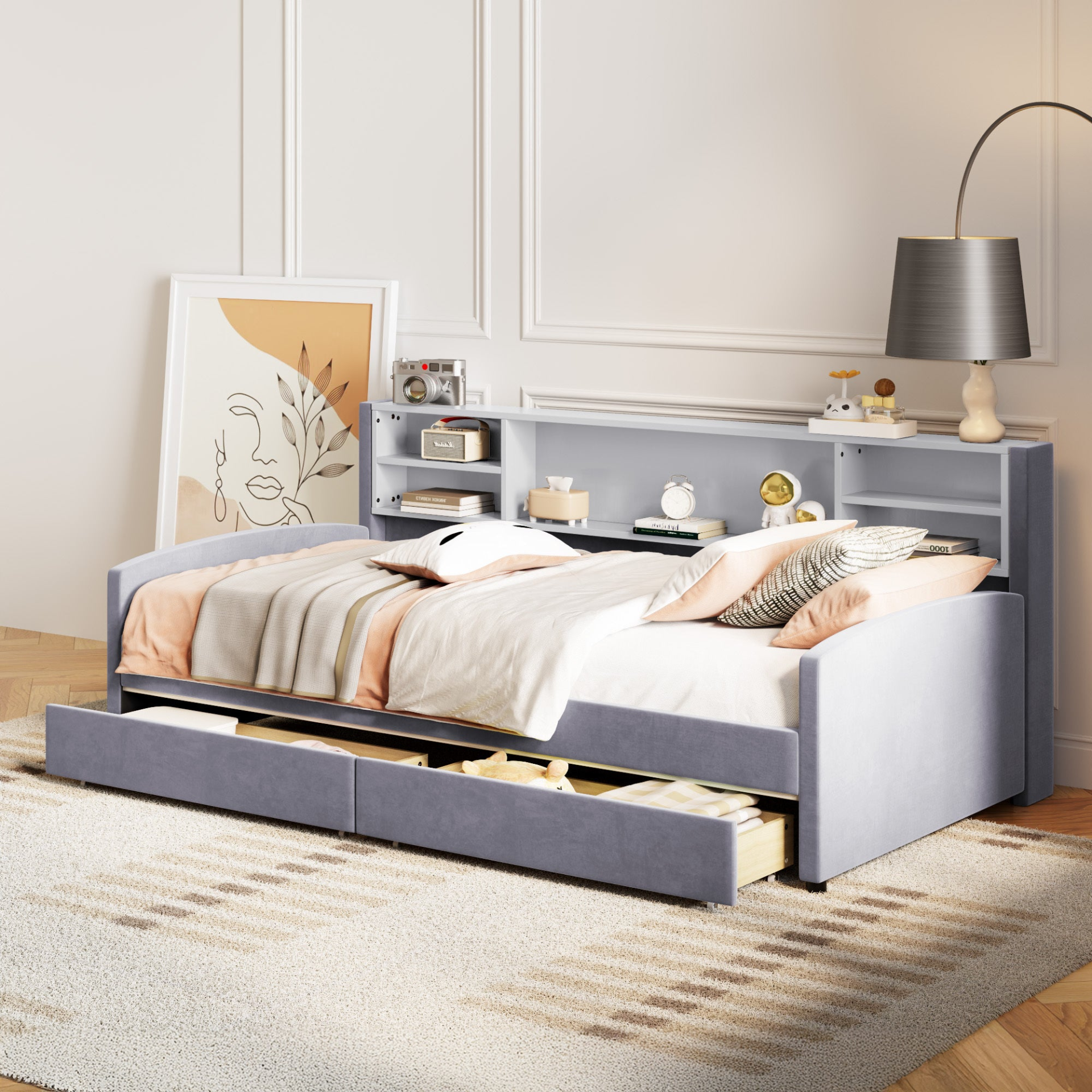 Luxurious velvet upholstered platform bed with storage drawers and padded headboard, by Start2Finish, shown in a modern bedroom setting.