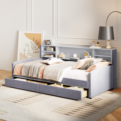 Luxurious velvet upholstered platform bed with storage drawers and padded headboard, by Start2Finish, shown in a modern bedroom setting.
