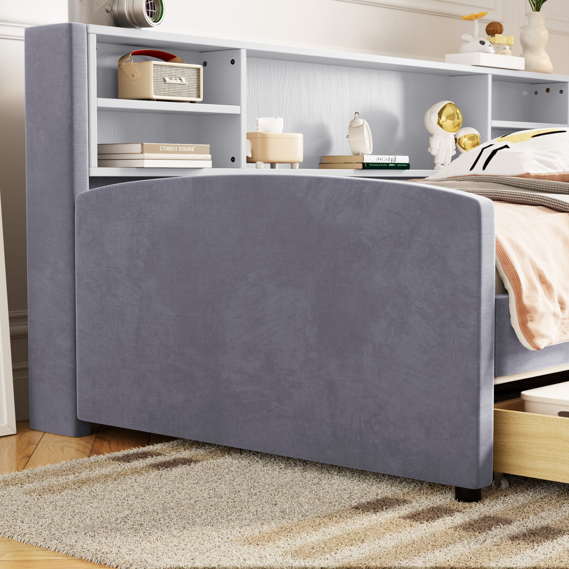 Luxurious velvet upholstered platform bed with storage drawers and padded headboard, by Start2Finish, shown in a bedroom setting.