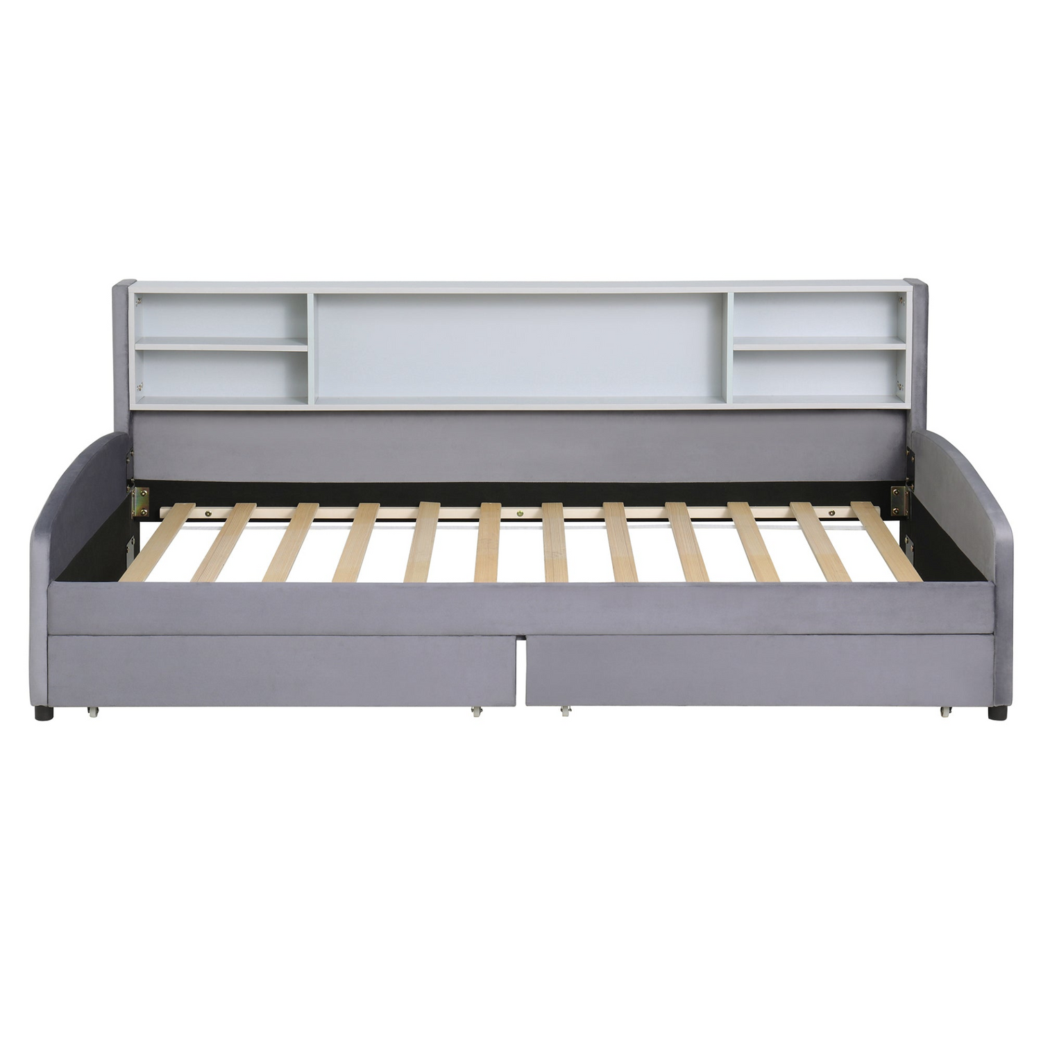 Luxurious velvet upholstered platform bed with storage drawers and padded headboard by Start2Finish, shown in a stylish bedroom setting.