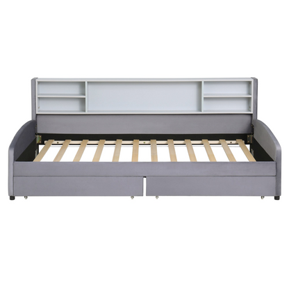 Luxurious velvet upholstered platform bed with storage drawers and padded headboard by Start2Finish, shown in a stylish bedroom setting.