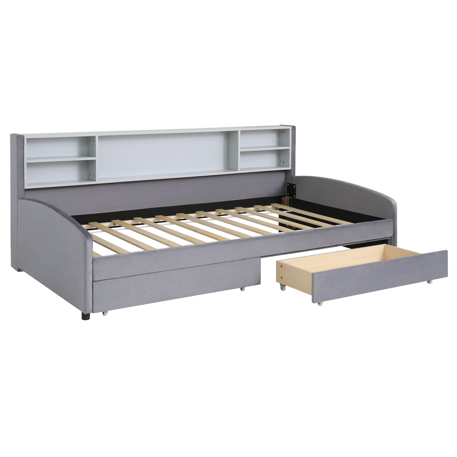 Luxurious velvet upholstered platform bed with storage drawers and padded headboard, by Start2Finish.