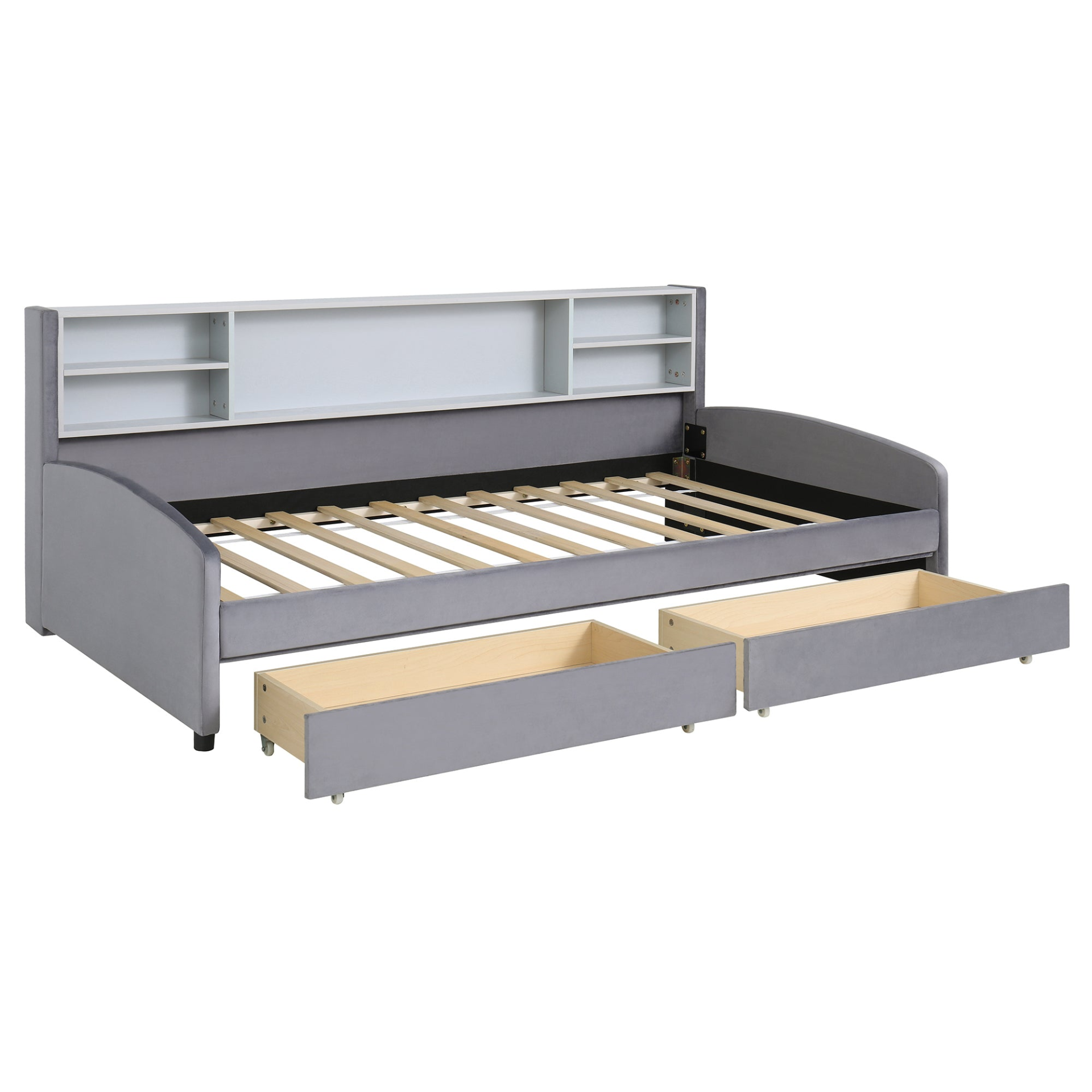Luxurious velvet upholstered platform bed with storage drawers and padded headboard, by Start2Finish, shown in a stylish bedroom setting.