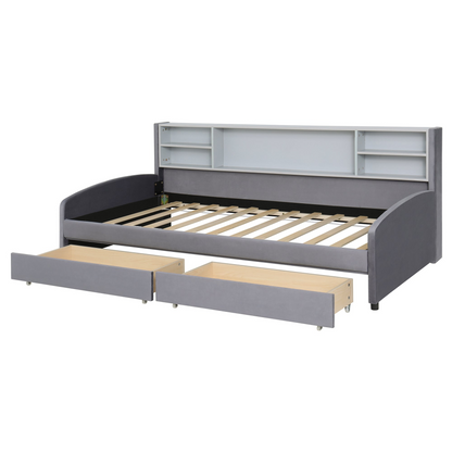 Luxurious velvet upholstered platform bed with storage drawers and headboard, by Start2Finish, shown with plush velvet fabric and sleek design.