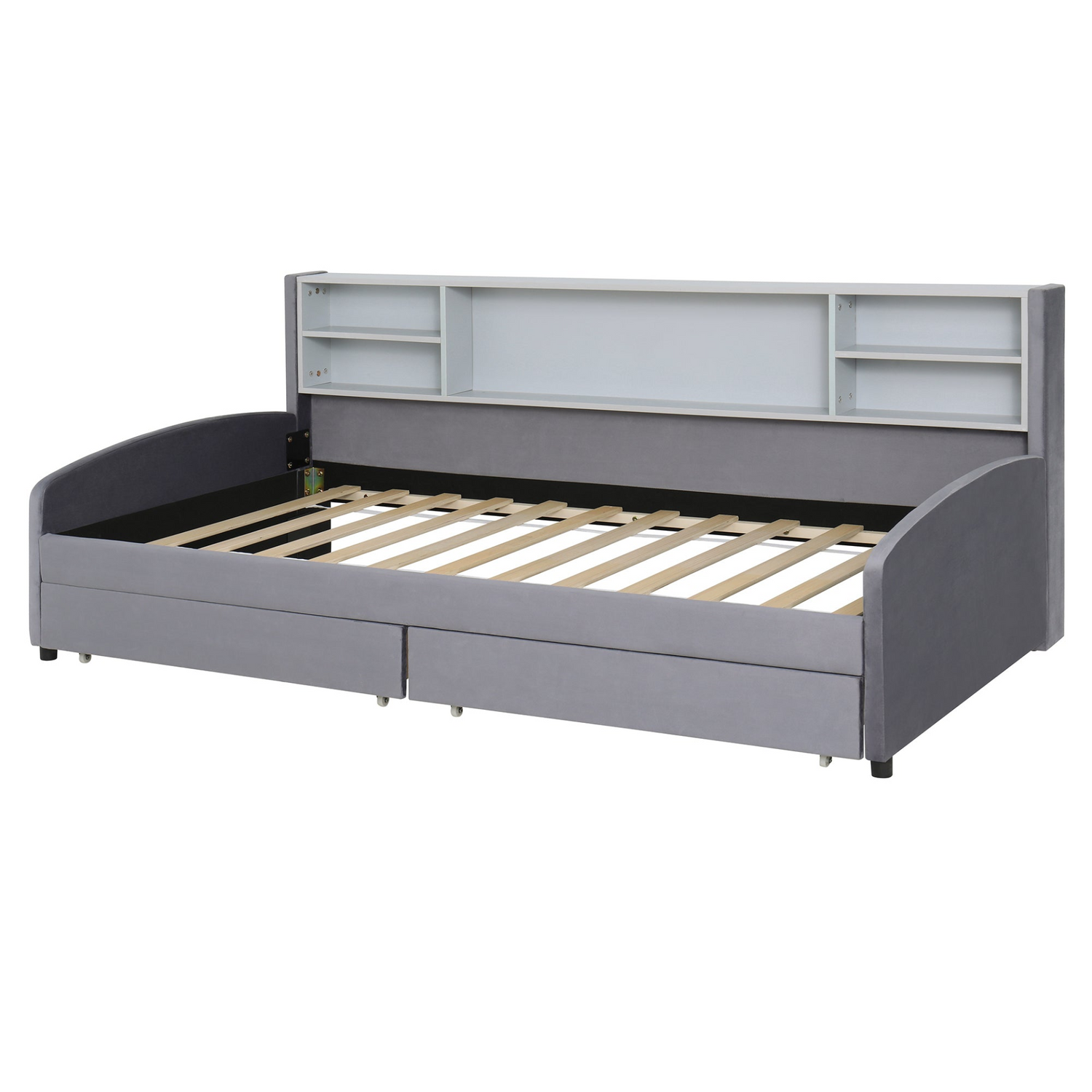Luxurious velvet upholstered platform bed with storage drawers and padded headboard from Start2Finish, showcasing its elegant design.