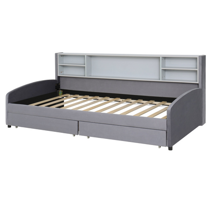 Luxurious velvet upholstered platform bed with storage drawers and padded headboard from Start2Finish, showcasing its elegant design.