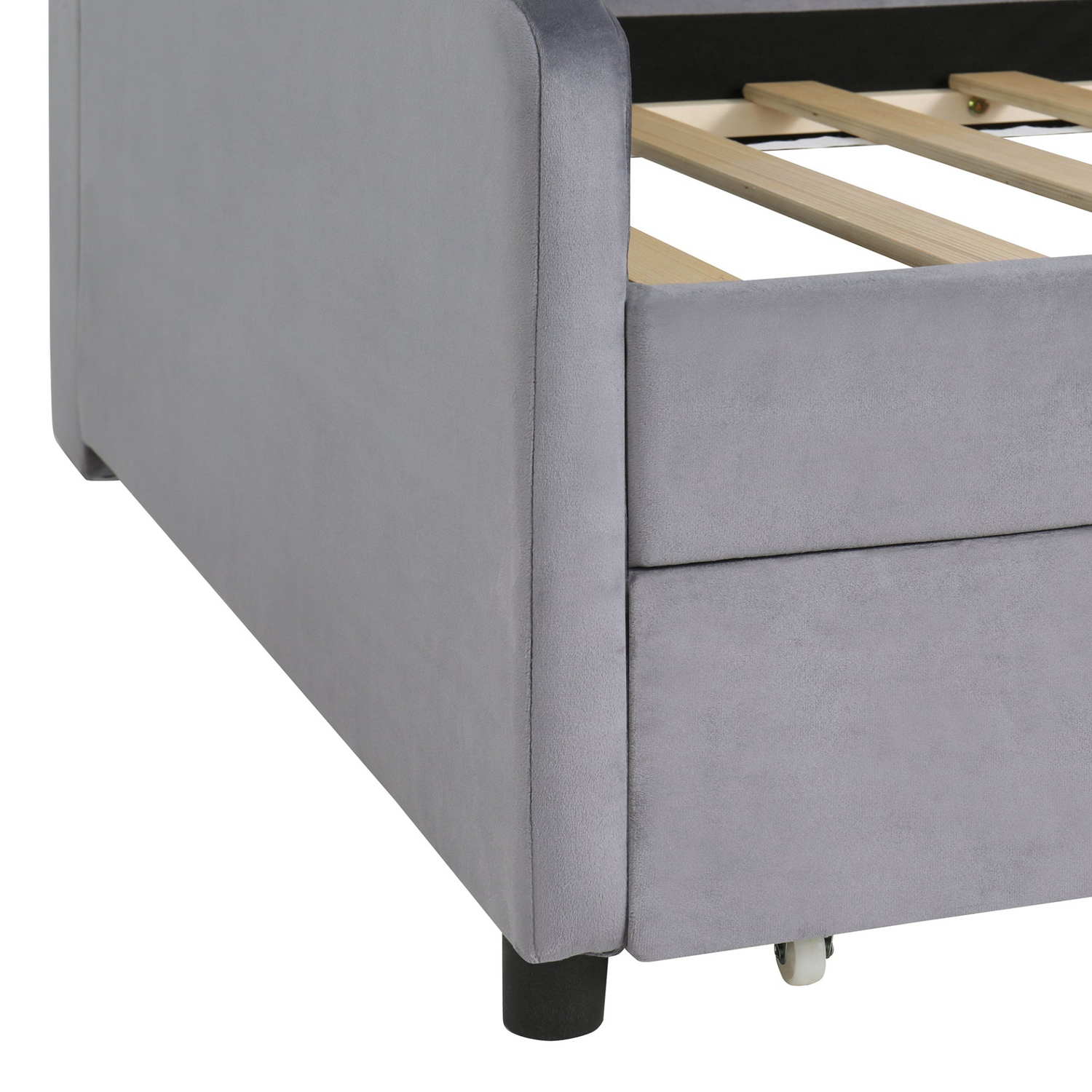 Start2Finish velvet upholstered platform bed with storage drawers and padded headboard, showcasing a luxurious bedroom setup.