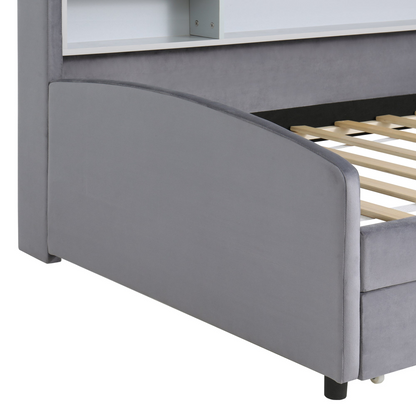 Velvet upholstered platform bed with storage drawers and padded headboard by Start2Finish, showcasing a stylish bedroom furniture piece.