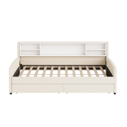 Luxurious velvet upholstered platform bed with storage drawers and plush headboard, by Start2Finish.