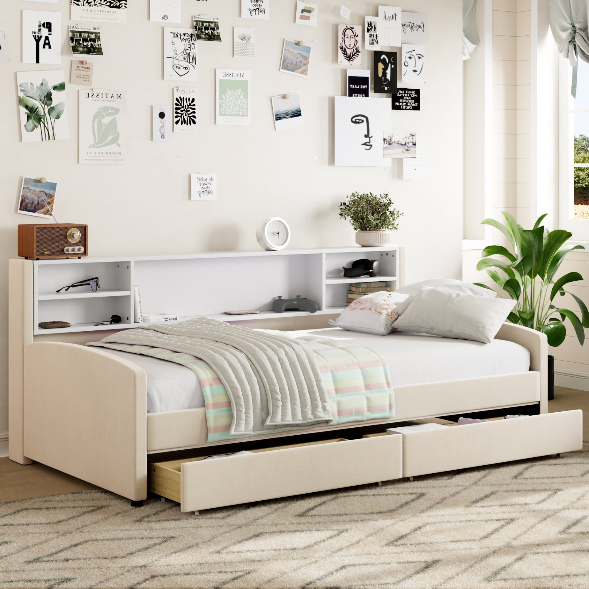 Luxurious velvet upholstered platform bed with storage drawers and padded headboard, by Start2Finish.