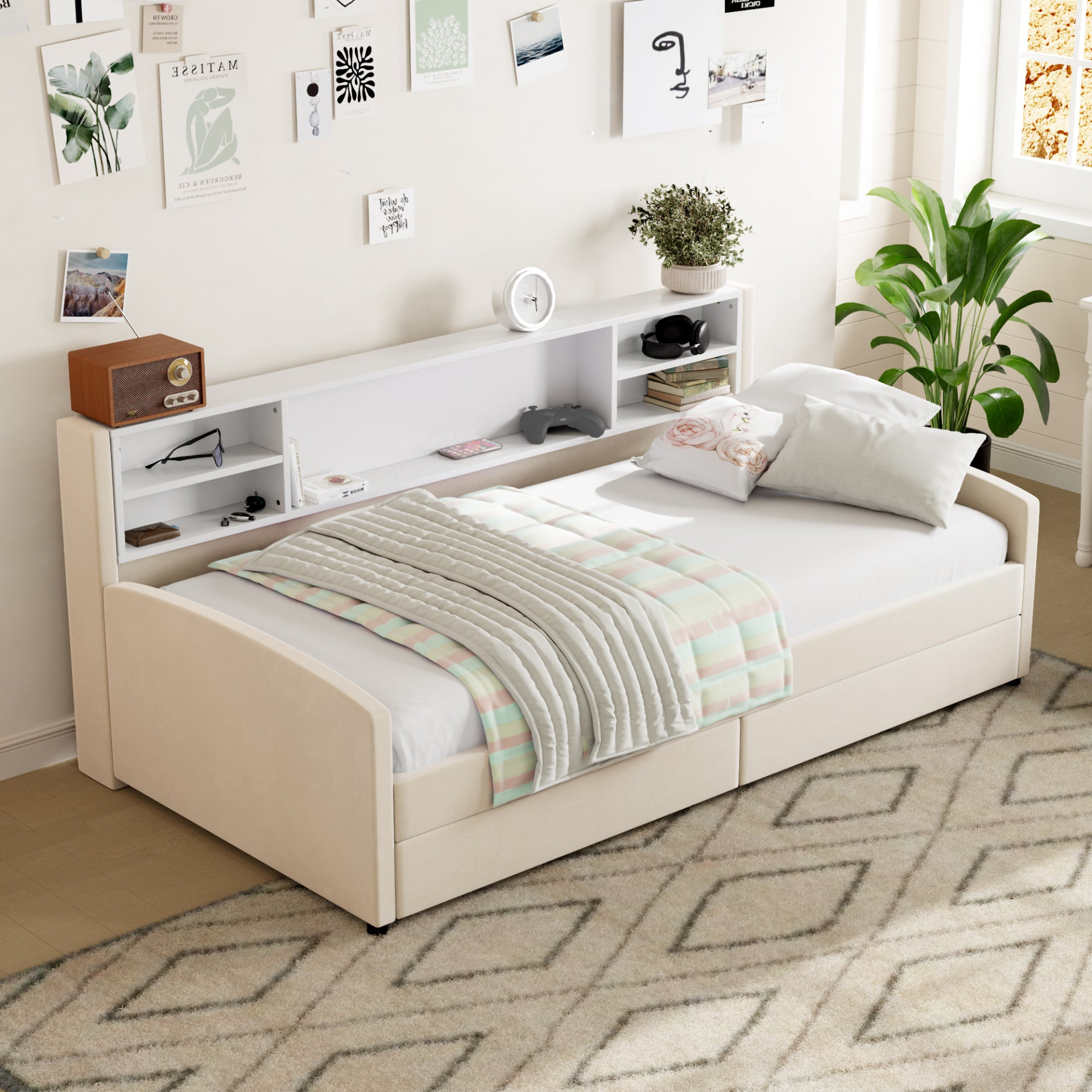 Luxurious velvet upholstered platform bed with storage drawers and padded headboard, by Start2Finish.