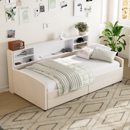 Luxurious velvet upholstered platform bed with storage drawers and padded headboard, by Start2Finish.