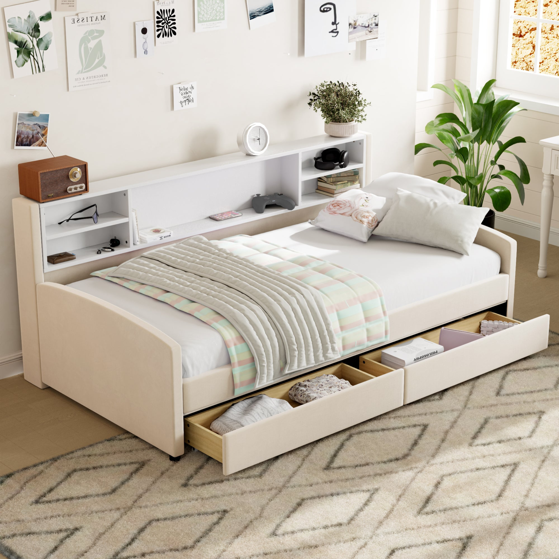 Luxurious velvet upholstered platform bed with storage drawers and padded headboard, by Start2Finish, showcasing a stylish bedroom setup.