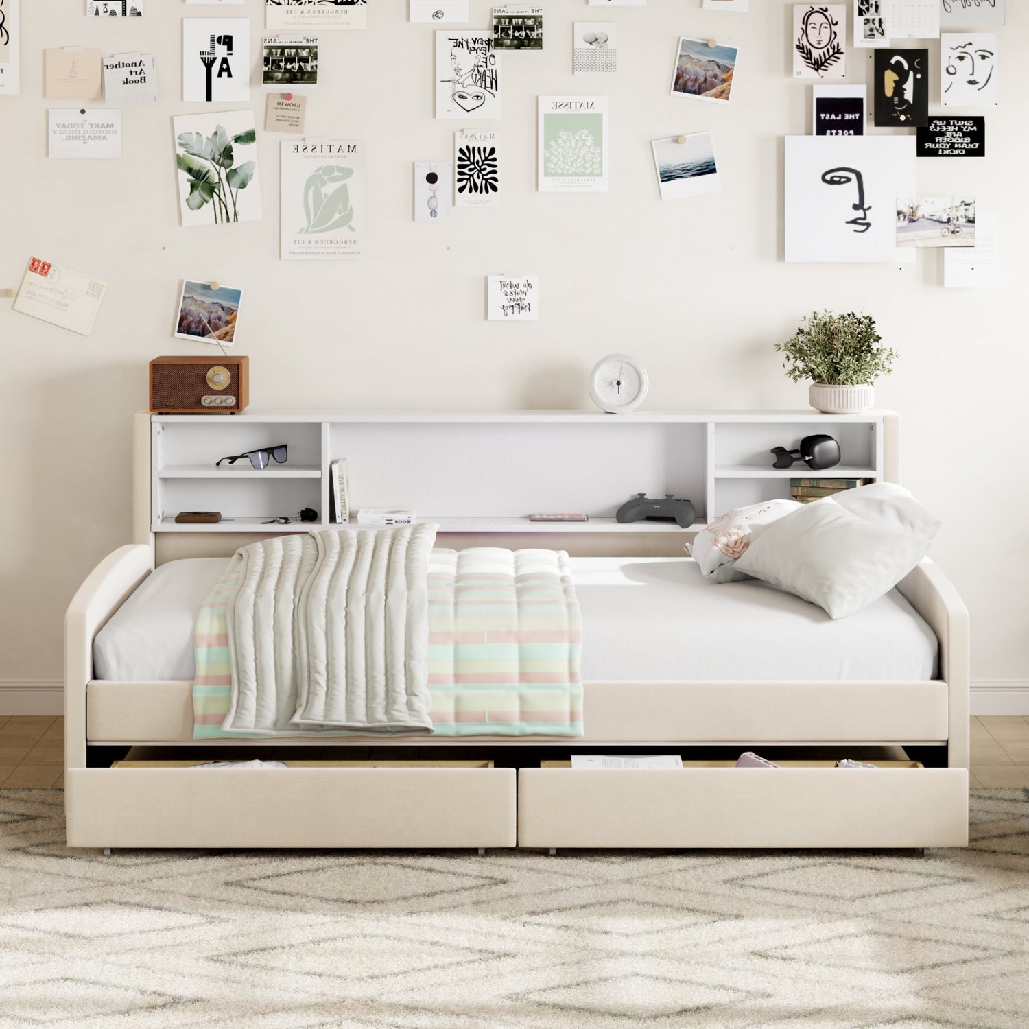 Luxurious velvet upholstered platform bed with storage drawers and padded headboard, by Start2Finish.