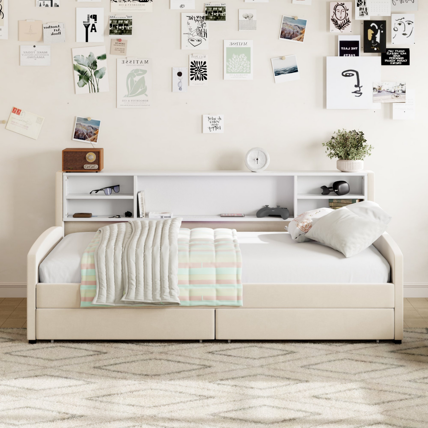 Luxurious velvet upholstered platform bed with storage drawers and padded headboard, by Start2Finish.