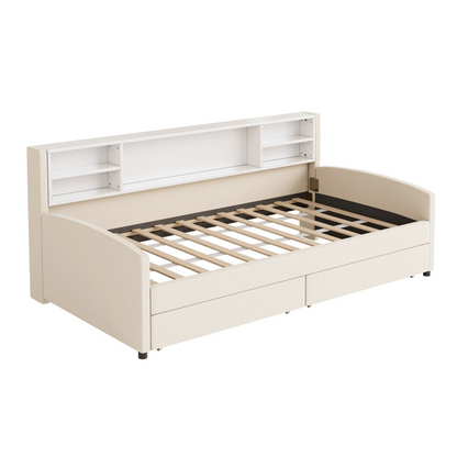 Velvet upholstered platform bed with storage drawers and padded headboard, in a luxurious design by Start2Finish.