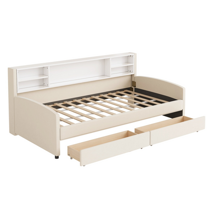 Start2Finish velvet platform bed with storage drawers and padded headboard, showcasing a luxurious upholstered bedroom furniture piece.