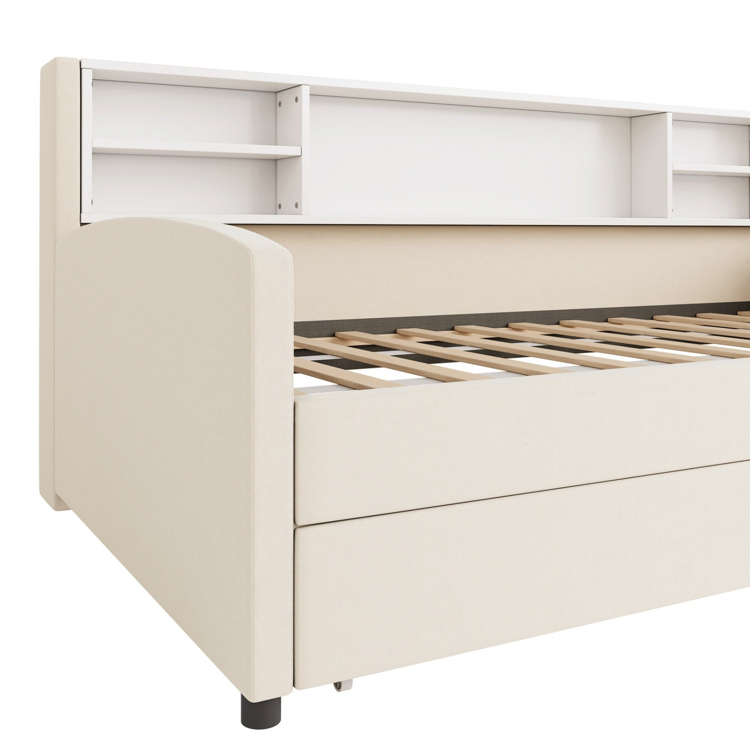 Luxurious velvet upholstered platform bed with storage drawers and padded headboard, by Start2Finish.