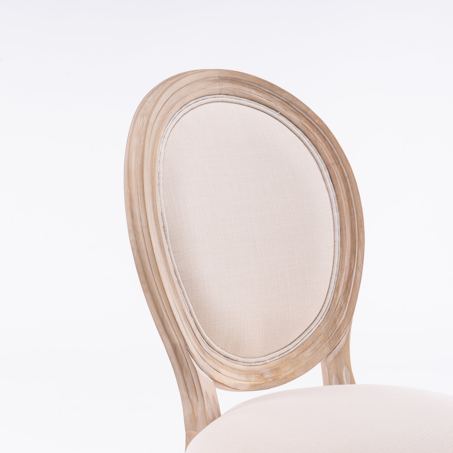 French style solid wood dining chair with linen fabric upholstery and classic upholstered back by Start2Finish.