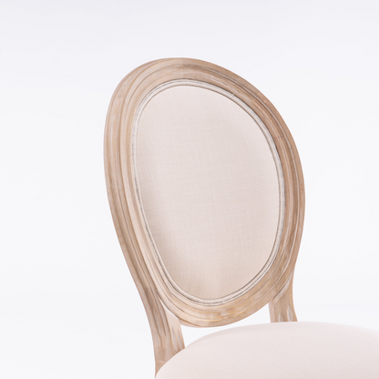 French style solid wood dining chair with linen fabric upholstery and classic upholstered back by Start2Finish.