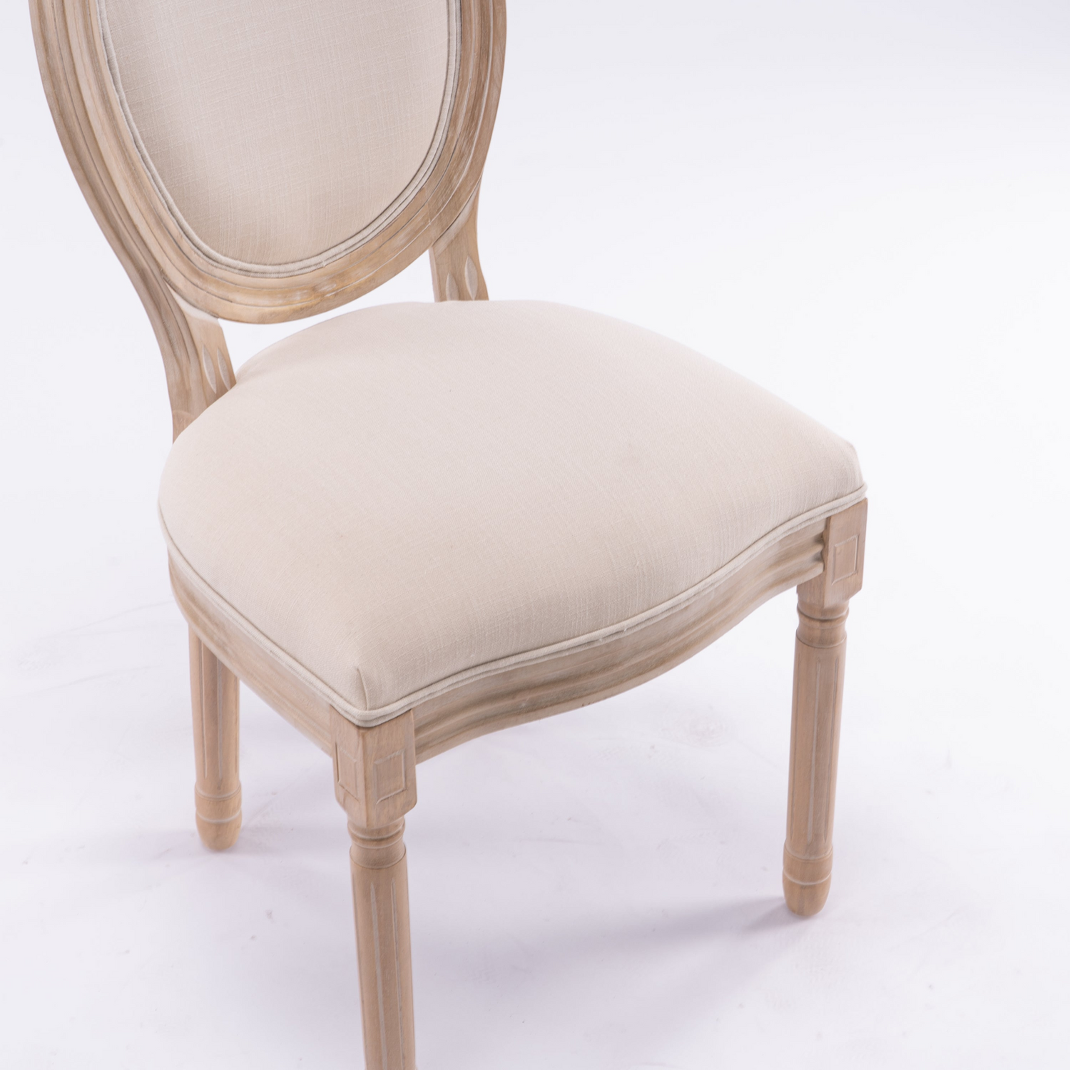 French style solid wood dining chair with linen fabric upholstery and classic upholstered back, crafted by Start2Finish.