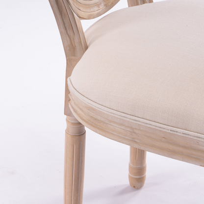 French style solid wood dining chair with linen fabric upholstery and classic upholstered back by Start2Finish.